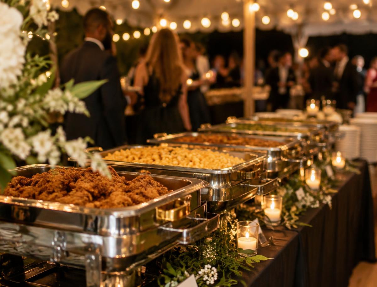 A catered table laid out with soul food dishes