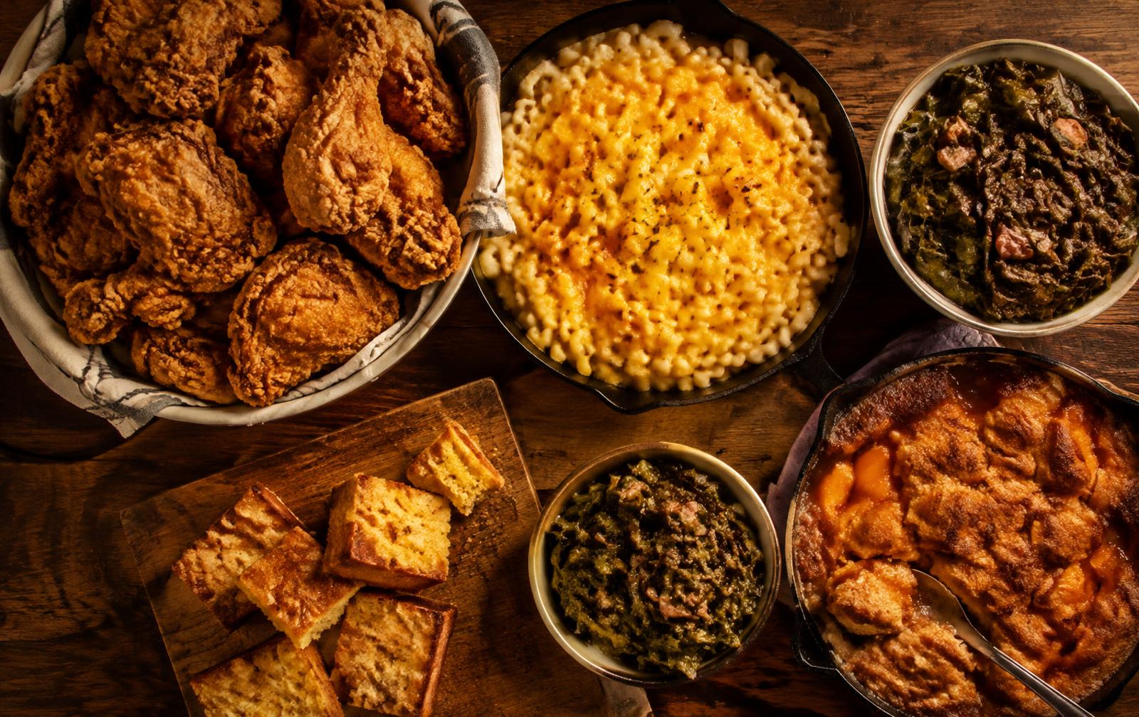 Fried chicken, mac and cheese, greens, cornbread and peach cobbler